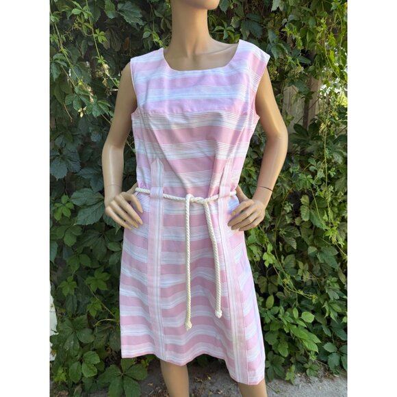 70s 80s Pink Stripe Cotton Sleeveless Shift Dress Rope Belt Scoop Neck Volup - Picture 2 of 11